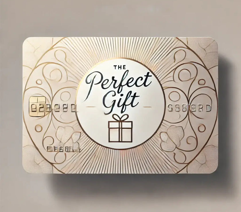 Digital Gift Card with "The Perfect Gift" text, no expiration, easy online redemption. Ideal for birthdays, holidays, or any occasion.