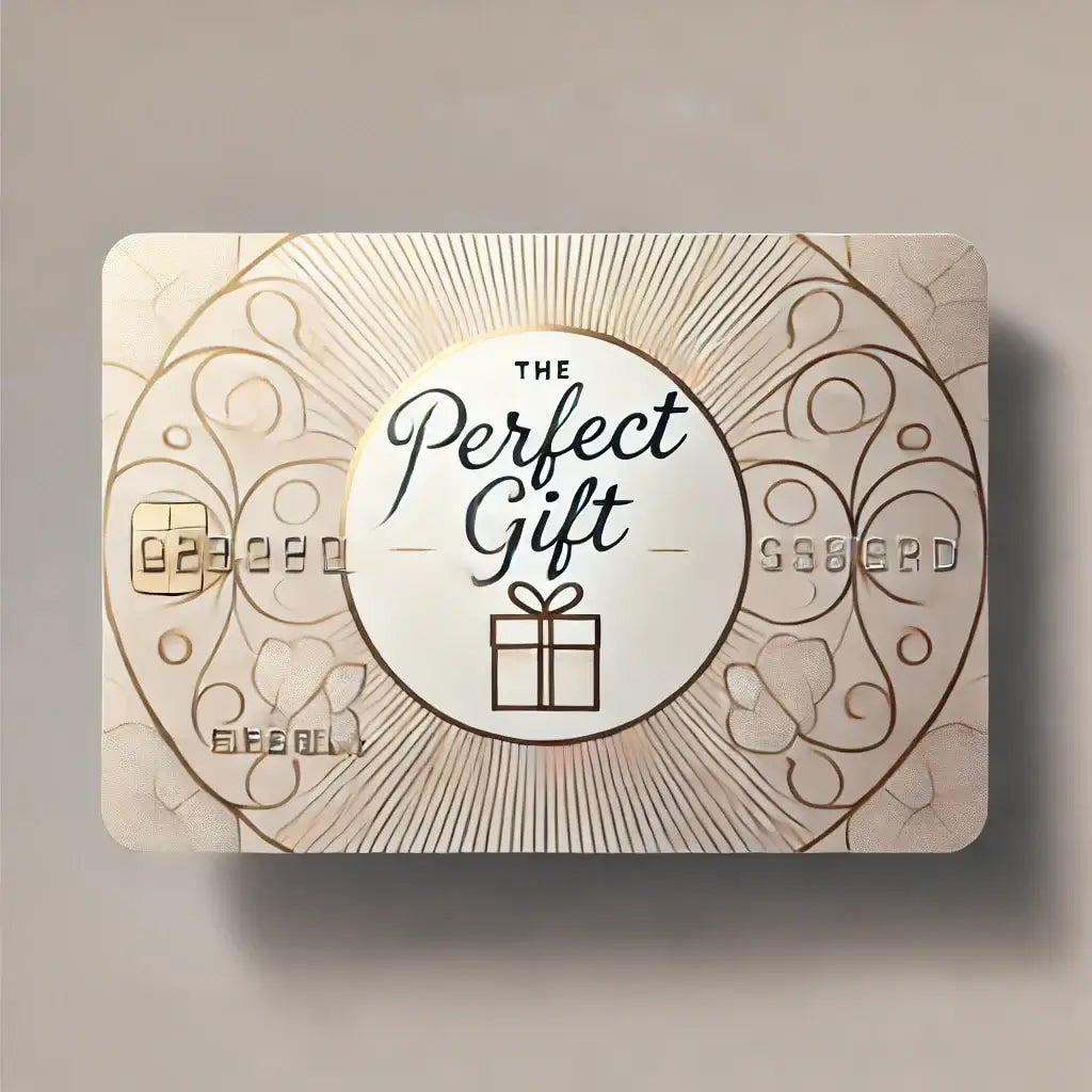 Digital Gift Card with "The Perfect Gift" text, no expiration, easy online redemption. Ideal for birthdays, holidays, or any occasion.