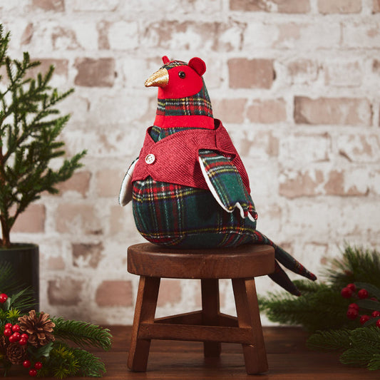 Christmas Pheasant Doorstop – Green Tartan Fabric with Red Waistcoat