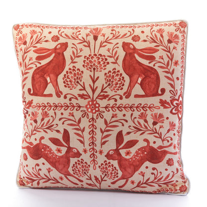 Rustic Red & White Folk Hare Cushion