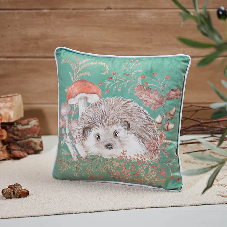 Woodland Rustic Hedgehog Cushion - Green Velour