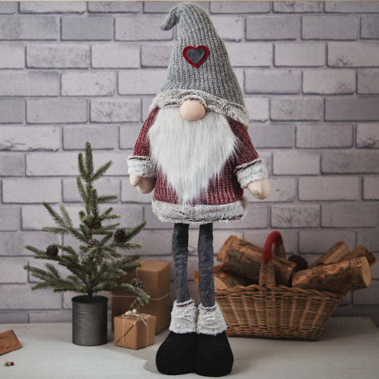 Christmas Gonk Ornament with Extending Legs – Red & Grey Fabric