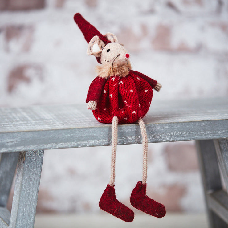 Cheeky Christmas Mouse Shelf Sitter – Cosy Red Knit”