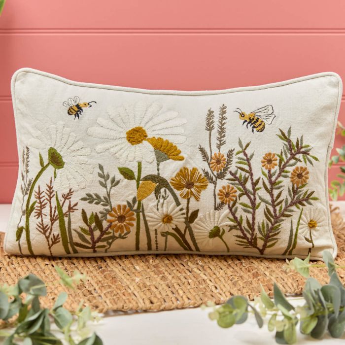 Daisy and Bee Embroidered Rectangle Cushion