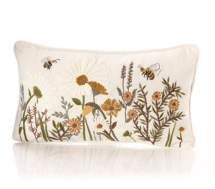 Daisy and Bee Embroidered Rectangle Cushion