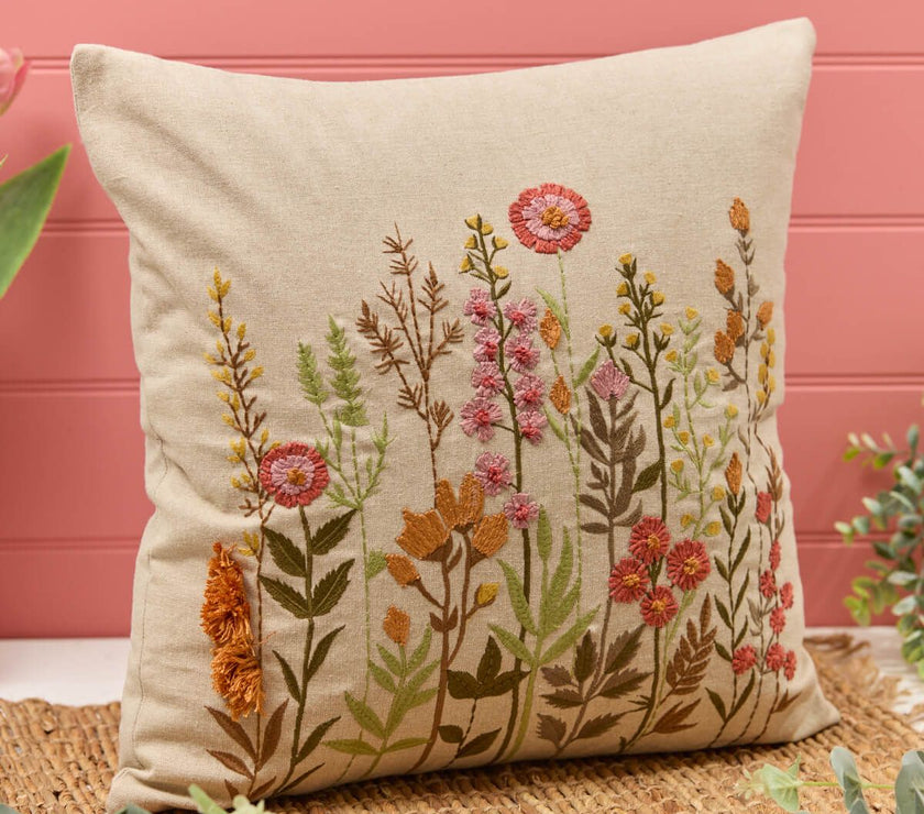 Floral Taupe Embroidered Cushion