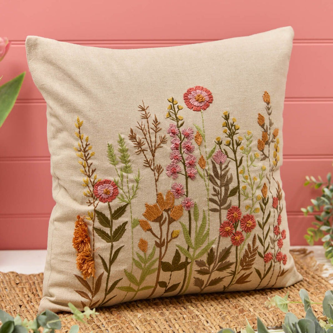 Floral Taupe Embroidered Cushion