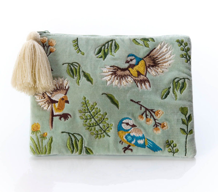 Floral Feathered Velvet Pouch