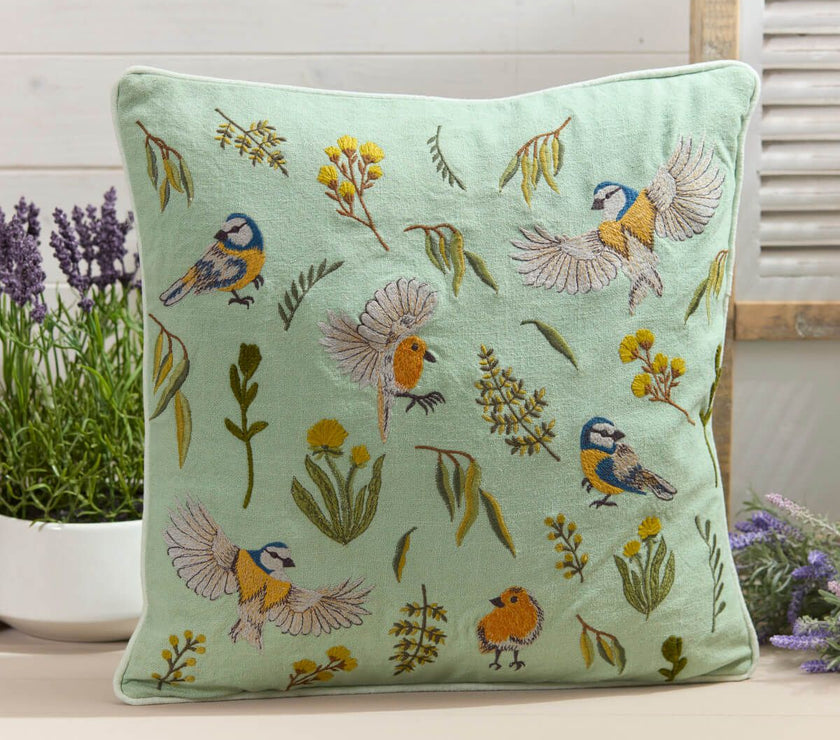 Blue Tits and Robins Embroidered Cushion