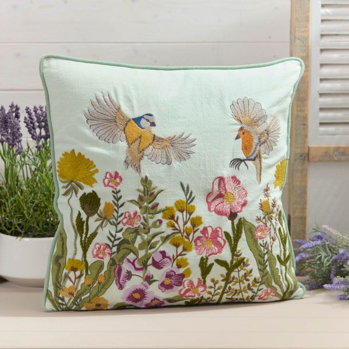 Floral Birds Embroidered Cushion