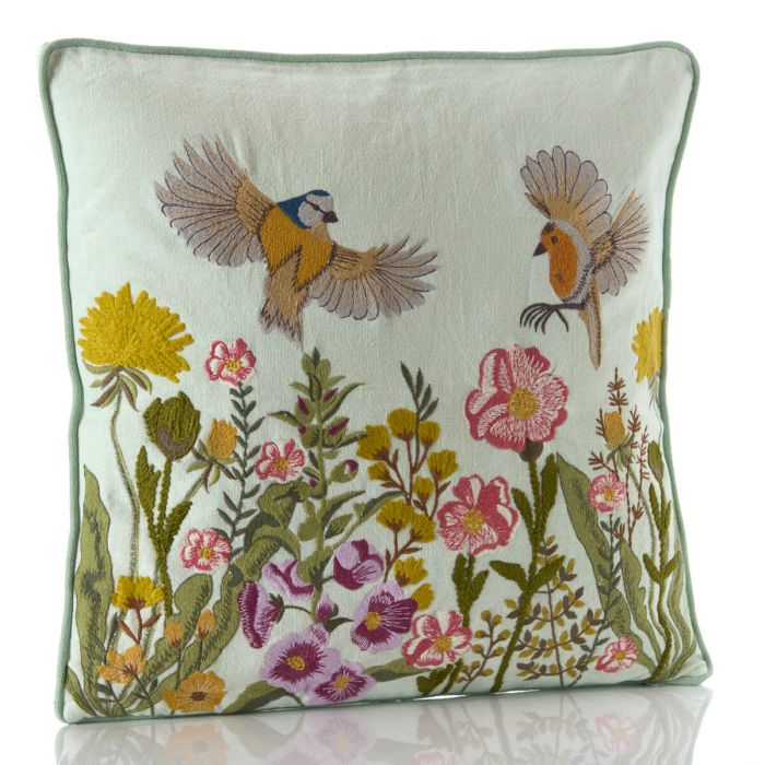 Floral Birds Embroidered Cushion