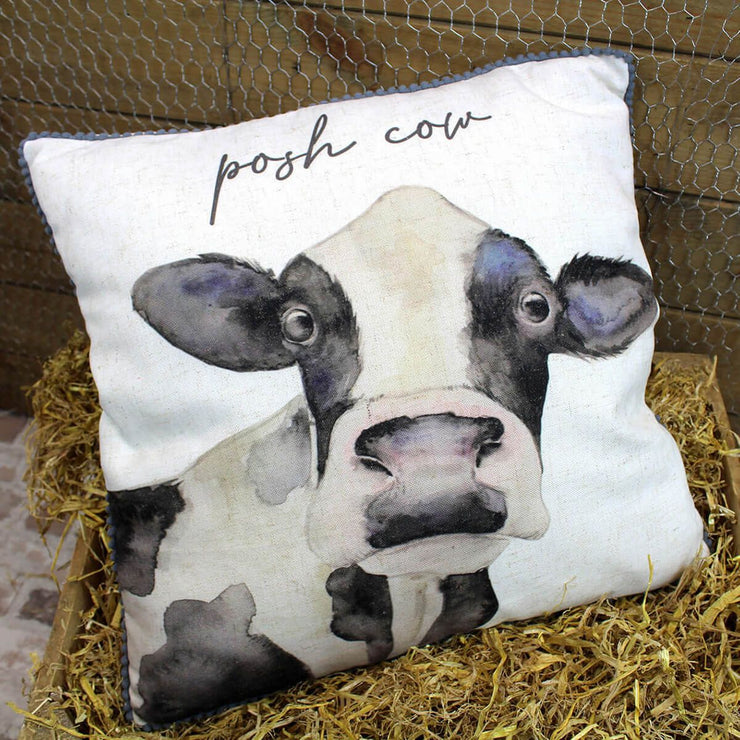 Posh Cow Cushion – White Fabric with Black Quote