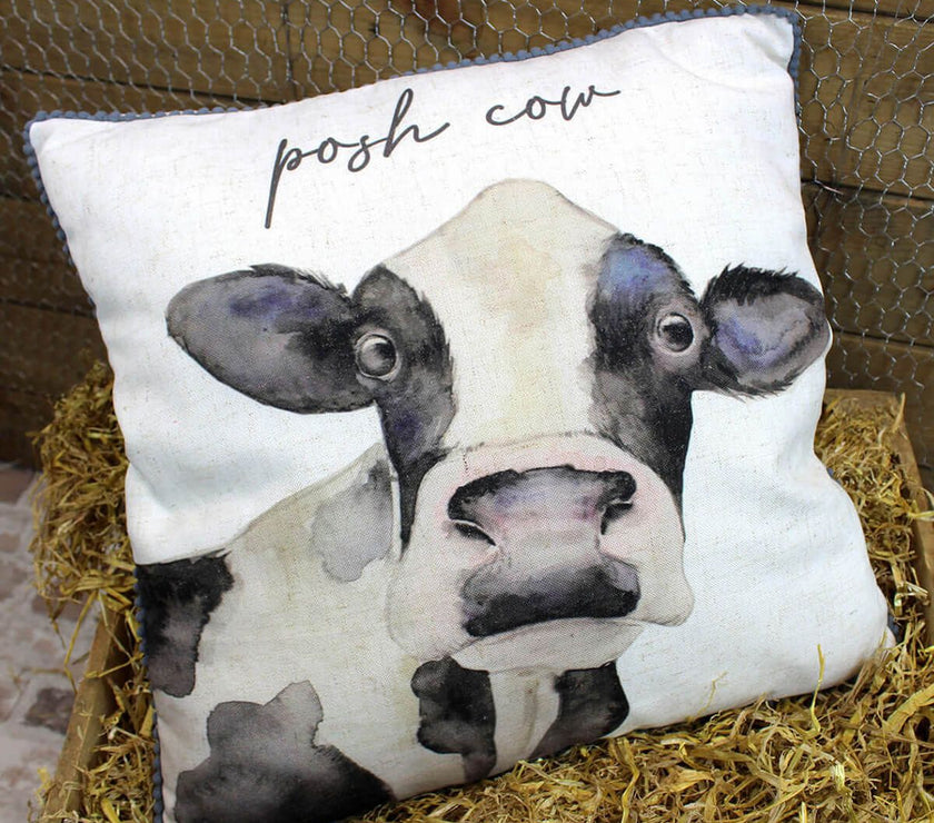 Posh Cow Cushion – White Fabric with Black Quote