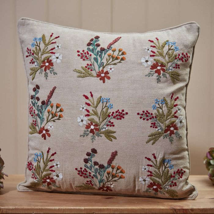 Floral Embroidered Cushion 100% Cotton