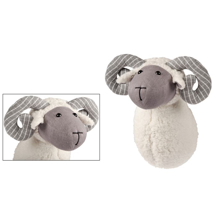 Ram Trophy Head White Plush Fabric with Grey Striped Horns