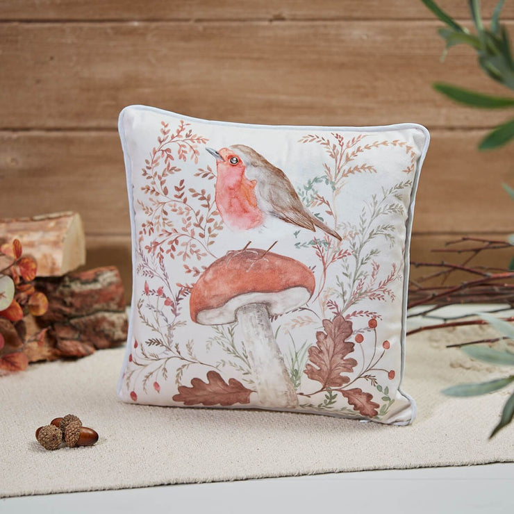 Woodland Rustic Robin Cushion – White Velour with Toadstool