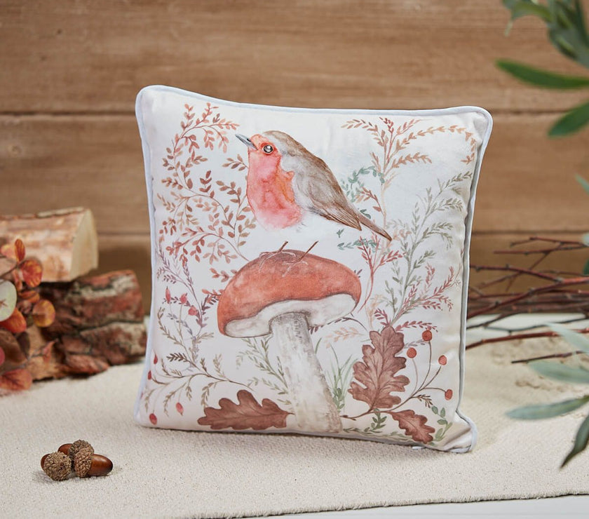 Woodland Rustic Robin Cushion – White Velour with Toadstool