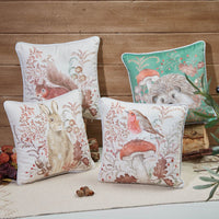 Woodland Rustic Robin Cushion – White Velour with Toadstool