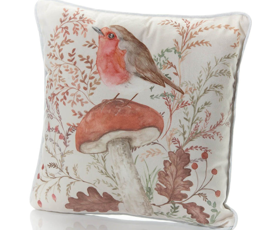 Woodland Rustic Robin Cushion – White Velour with Toadstool