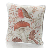 Woodland Rustic Robin Cushion – White Velour with Toadstool