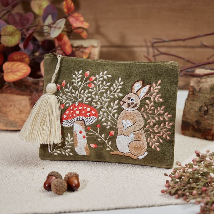 Woodland Hare Green Velvet Pouch