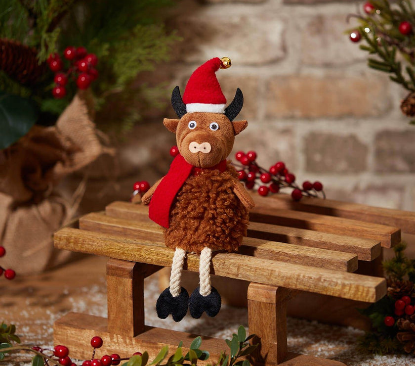 Christmas Highland Cow Shelf Sitter – Brown Fleece with Scarf & Hat