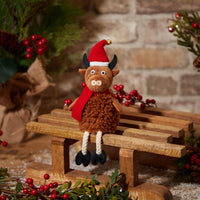 Christmas Highland Cow Shelf Sitter – Brown Fleece with Scarf & Hat