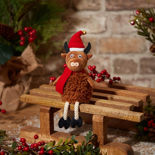 Christmas Highland Cow Shelf Sitter – Brown Fleece with Scarf & Hat