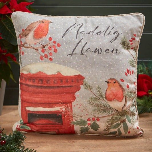 Welsh Christmas Robin Cushion – Pale Blue with Postbox & ‘Nadolig’