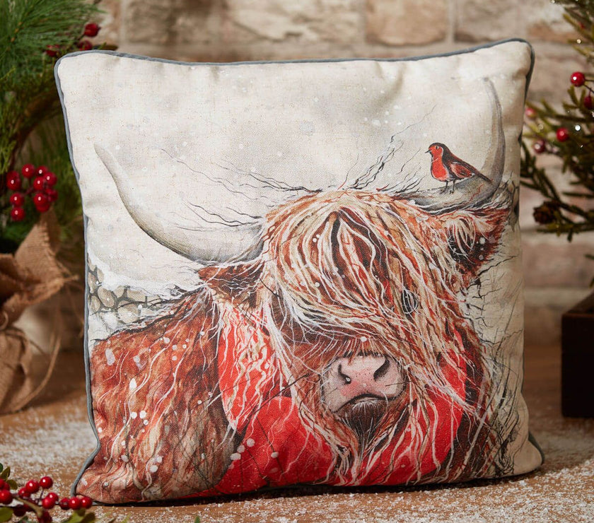 Christmas Highland Cow Cushion – Grey Linen with Robin & Snow