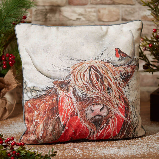 Christmas Highland Cow Cushion – Grey Linen with Robin & Snow