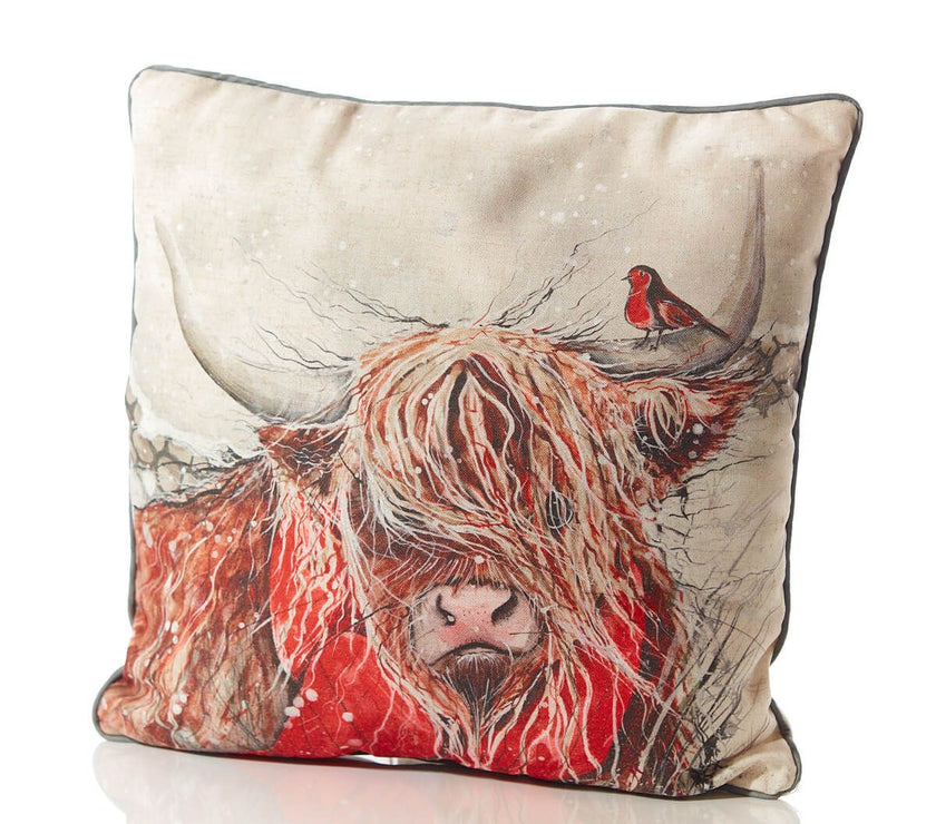 Christmas Highland Cow Cushion – Grey Linen with Robin & Snow