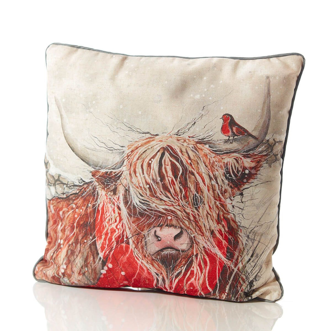 Christmas Highland Cow Cushion – Grey Linen with Robin & Snow