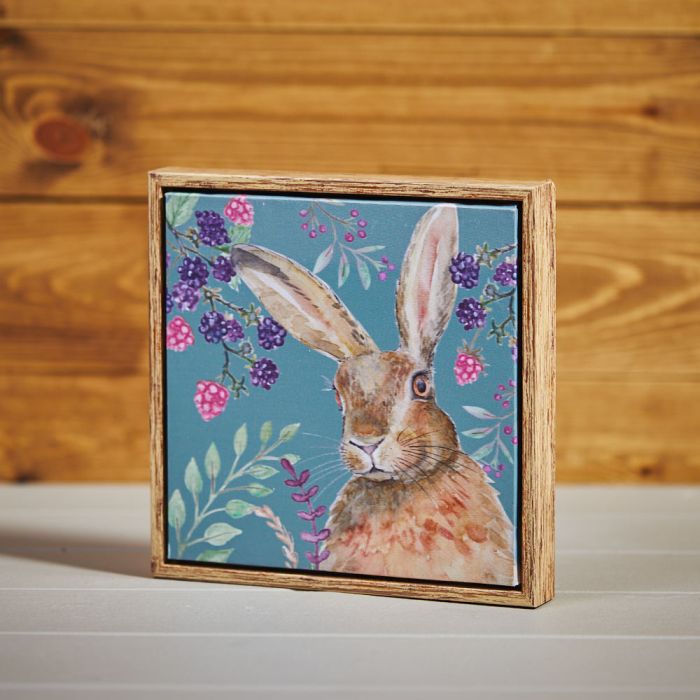 Autumn Berry Hare Framed Plaque Blue Canvas