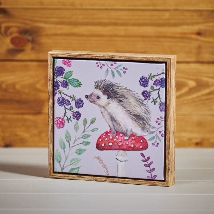 Autumn Berry Hedgehog Framed Plaque Pale Grey Canvas