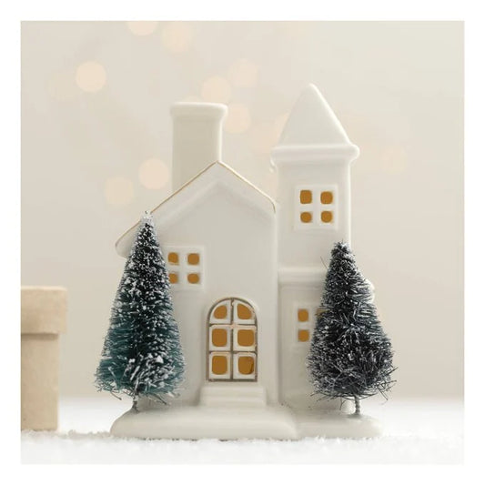 White Ceramic LED Christmas House with 3D Trees