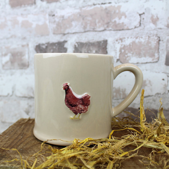 Taupe Stoneware Mug With Embossed Chicken Motif