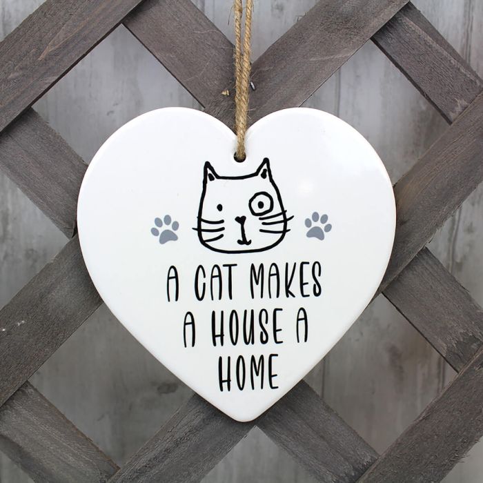 Cat Face Ceramic Heart Hanger with Quote