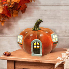 Rustic LED Pumpkin House – Orange Resin with Brown Door