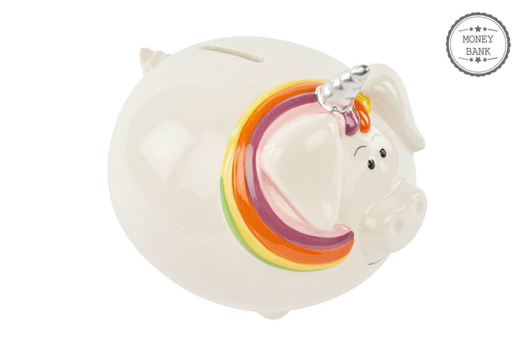 Ceramic unicorn piggy bank with rainbow mane, Unipig Money Bank, whimsical and fun way to save money.