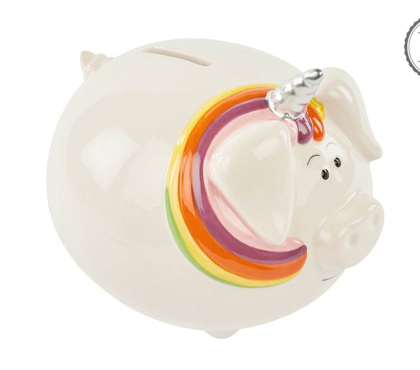 Ceramic unicorn piggy bank with rainbow mane, Unipig Money Bank, whimsical and fun way to save money.