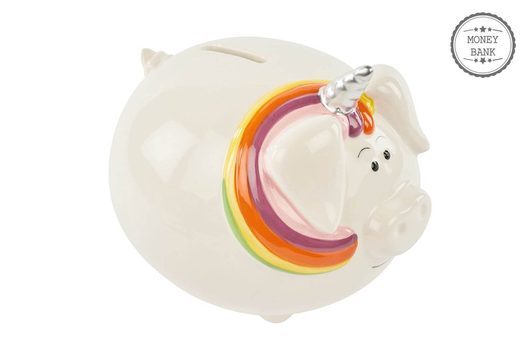 Ceramic unicorn piggy bank with rainbow mane, Unipig Money Bank, whimsical and fun way to save money.