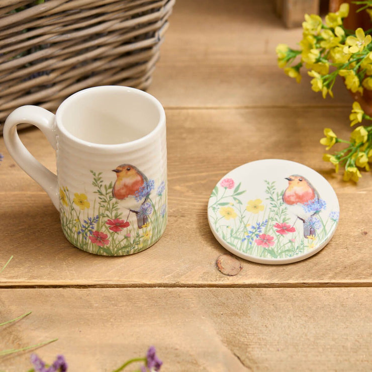 Floral Robin Mug and Coaster Gift Set