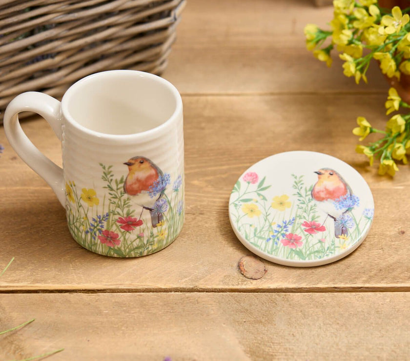 Floral Robin Mug and Coaster Gift Set