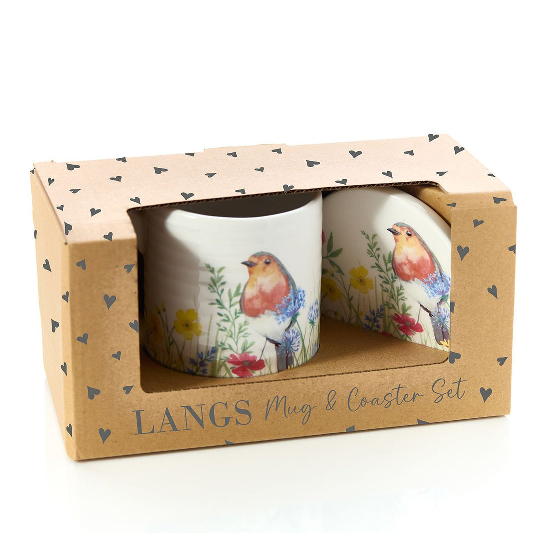 Floral Robin Mug and Coaster Gift Set