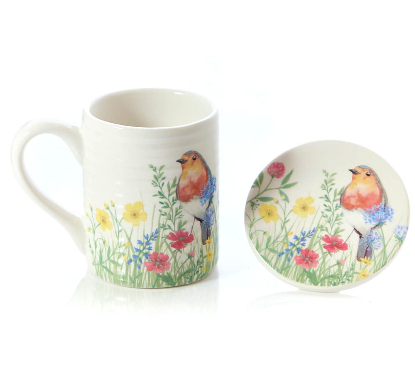 Floral Robin Mug and Coaster Gift Set