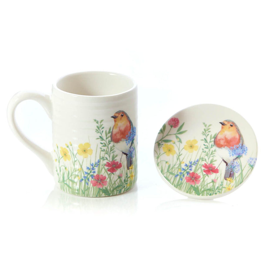 Floral Robin Mug and Coaster Gift Set