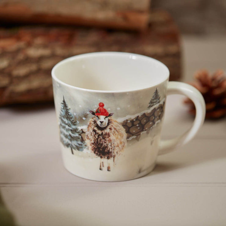 Christmas Sheep Mug – White Stoneware with Stone Wall & Woolly Hat