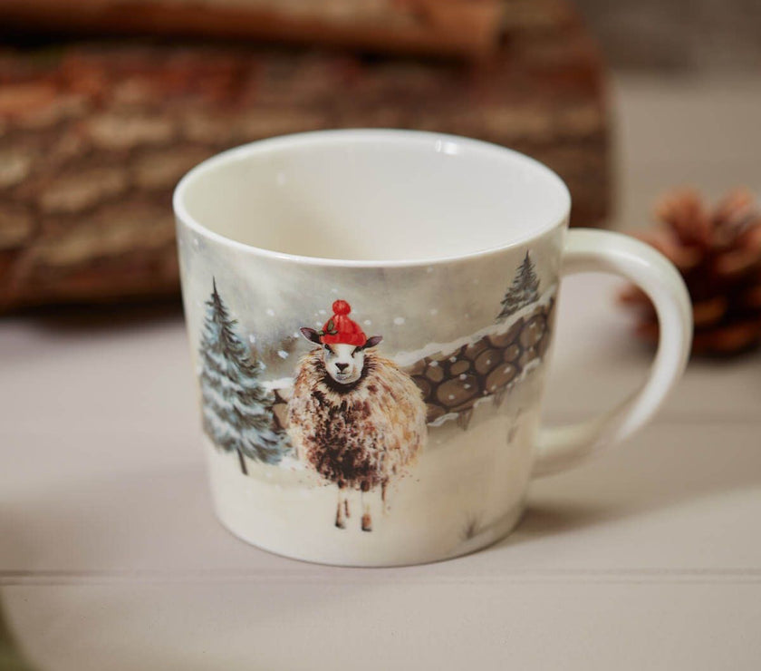 Christmas Sheep Mug – White Stoneware with Stone Wall & Woolly Hat