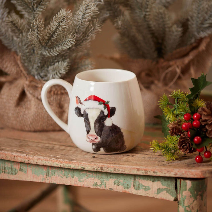 Christmas Friesian Cow Mug – White Stoneware with Robin & Santa Hat